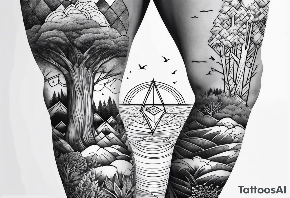Forest ocean geometric male leg sleeve tattoo idea