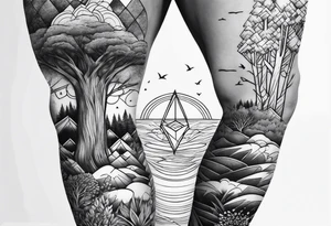 Forest ocean geometric male leg sleeve tattoo idea