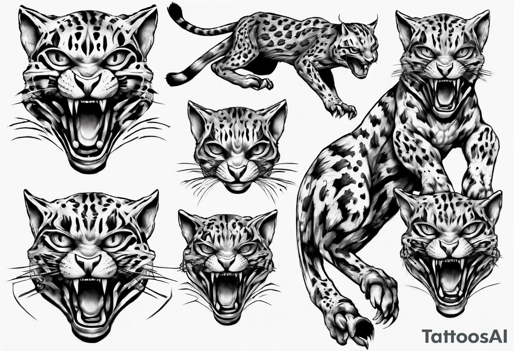 cybernetic ocelot full body roar tattoo idea