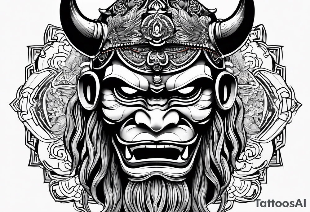 Japenese henya mask black tusk tattoo idea