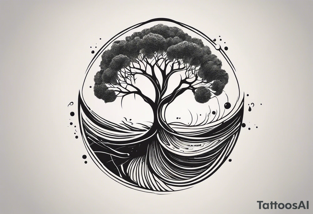 A tattoo design that incorporates the following elements: an abstract tree of life that has roots emerging  from the ground. Waves of water encapsulate the tree and wind around it in an organic way.  Incorporate music.   the letters U and A are overlapping and engraved into the tree. a golf ball incorporated but not prominent. tattoo idea