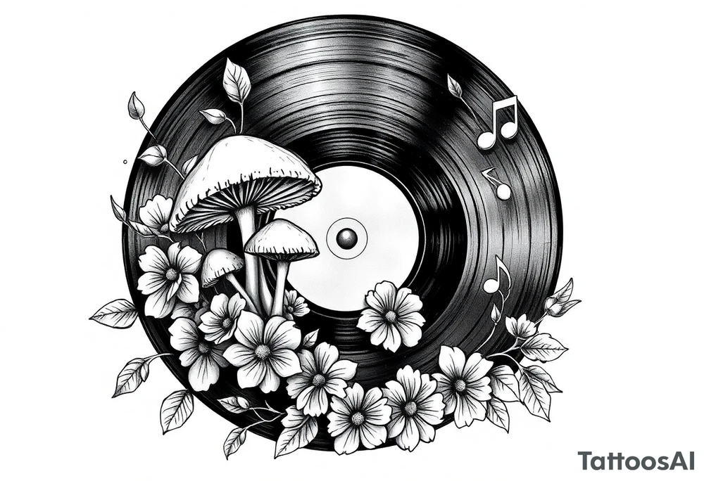 vinyl record with mushrooms, flowers, and music notes tattoo idea