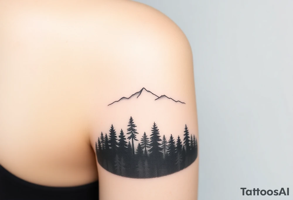 Fine line tattoo of a dense, misty forest at the bottom, leading into clear, distant mountains. The forest should be dark and intricate, while the mountains should gradually become clearer and brighter, symbolizing emotional transition. The design should be minimalist, black and white, and suitable for placement on the upper arm or upper back of the shoulder tattoo idea