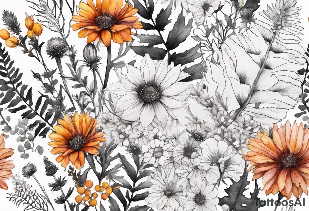 mixed wildflower cascading with thistles, ferns, burnt orange flower, white flowers, pink flowers, and yellow flowers all in watercolor tattoo idea