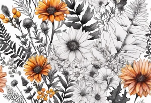 mixed wildflower cascading with thistles, ferns, burnt orange flower, white flowers, pink flowers, and yellow flowers all in watercolor tattoo idea