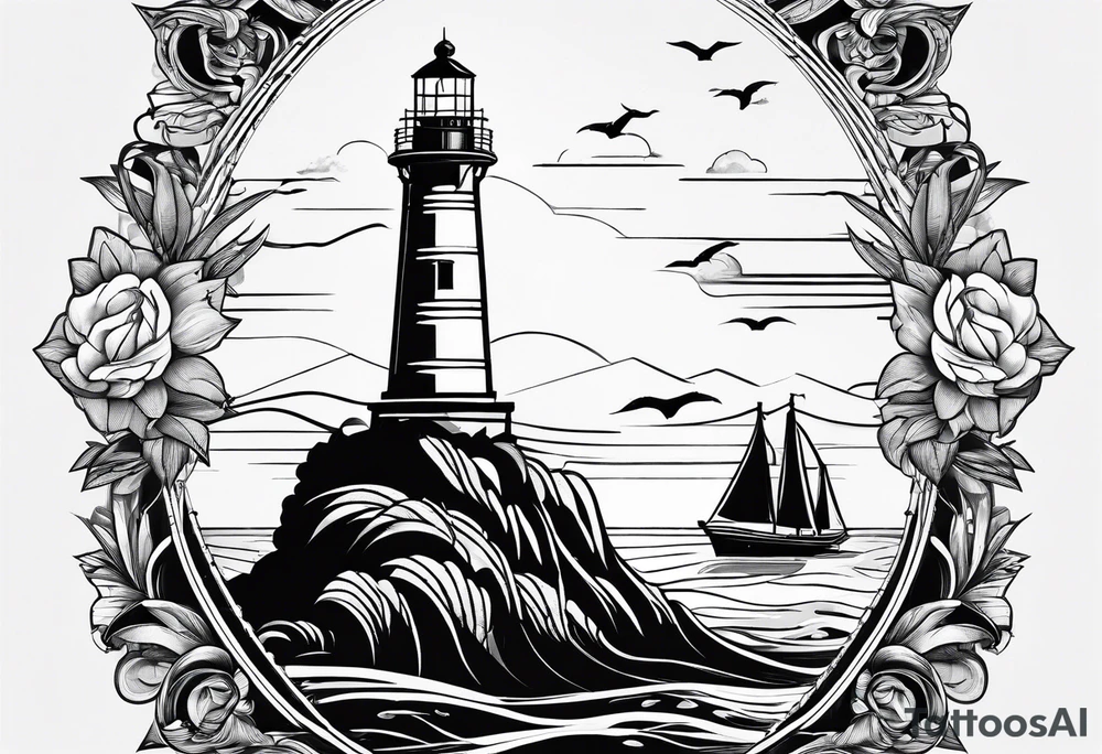 maritime lighthouse partially hidden by its large fixed sails. tattoo idea maritime lighthouse partially hidden by its large fixed sails. tattoo idea