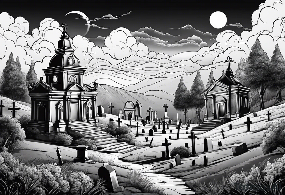 Cemetery on hills with smoke and moon tattoo idea
