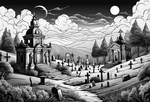 Cemetery on hills with smoke and moon tattoo idea