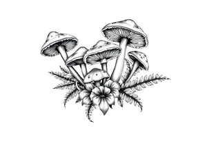 Vintage illustration neo traditional style mushrooms and ferns tattoo idea