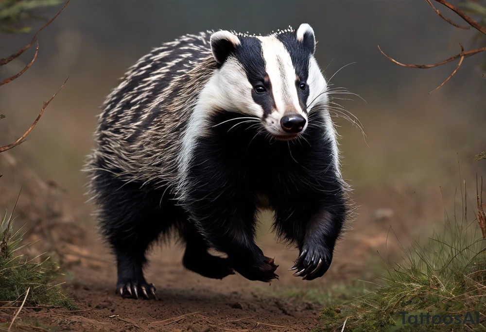 Draw me hunting badger with aggressive full body, killer face with a smile, very long nails and he attacks like a Turkish gladiator to enemy and also he has very deadly looking. The only weapon is his braveness he fights with his nails. Everybody scares after their first sight. And some bloody type Badger this is real Hunter. tattoo idea