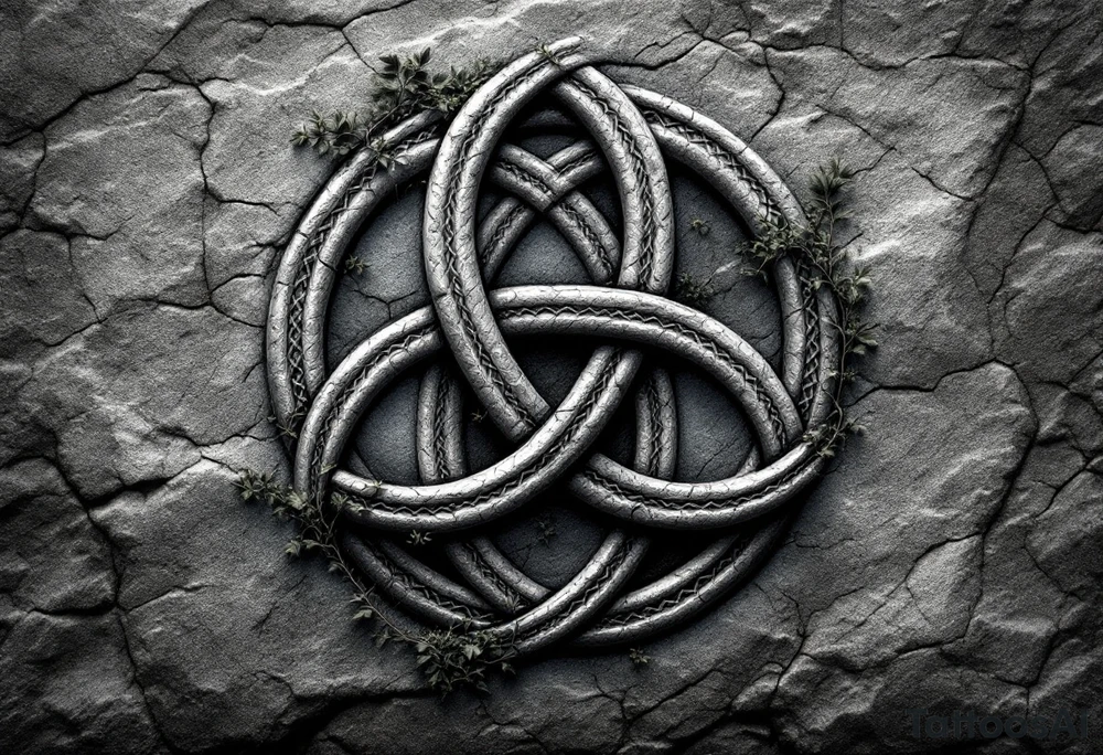 Celtic Trinity Knot with Stone Texture and Vines – A bold, interwoven Celtic triquetra (trinity knot) carved into weathered stone, with fine moss and ivy vines wrapping through the loops. The design is textured like ancient granite, in stone gray, deep forest green, and subtle earthy brown tones, evoking timelessness and natural connection. tattoo idea