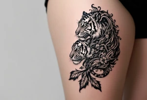 Character character in dark gray pairs with a tiger to emphasize inner and outer power. tattoo idea