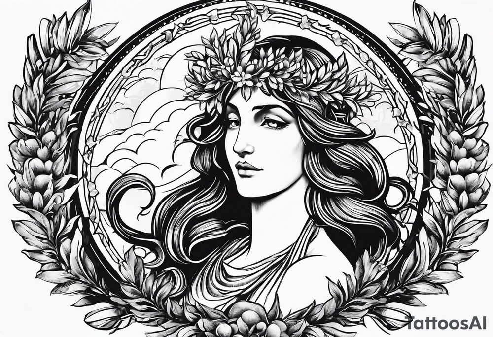 the phrase "sempre per sempre" surrounded by a laurel wreath with classic design and st. jude image tattoo idea