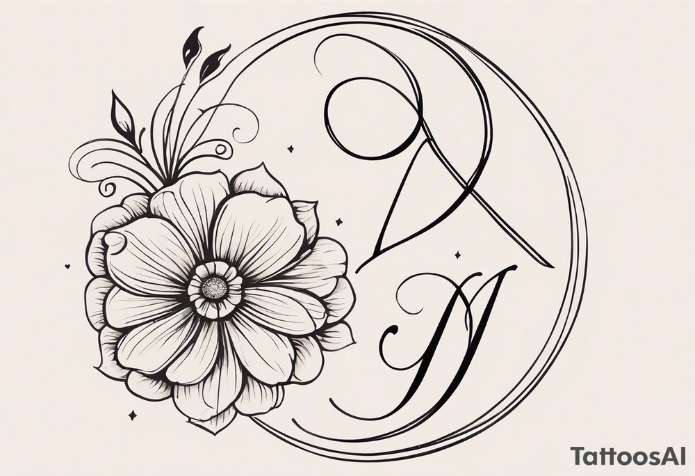 "Design a tattoo for my daughter Mia, born on June 28, 2011. Include her name 'Mia' and her birthdate '28-06-2011' in an elegant script or roman numerals. Surround the date with symbols of love, like a heart or infinity sign, and add elements like the moon and stars for her zodiac sign (Cancer) and a blooming flower to represent her growth. Blend the birthdate seamlessly into the design, perhaps as part of the stem of the flower or intertwined with the stars." tattoo idea