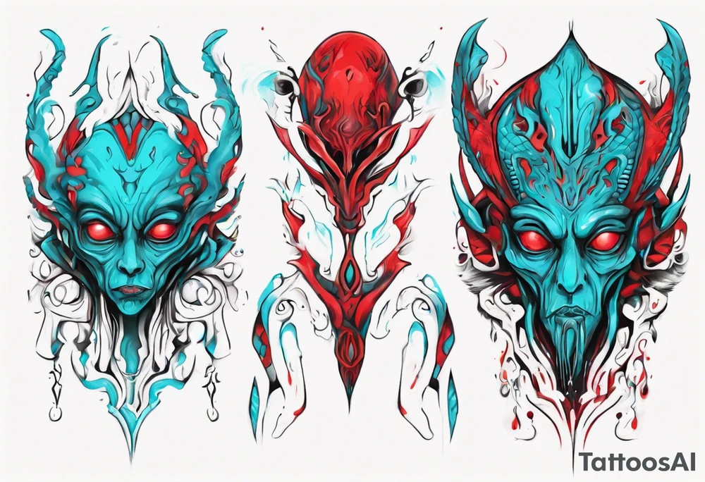 an art in the style of abstract alien, textured pigment planes, red and cyan, stencil art tattoo idea