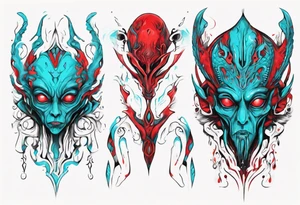 an art in the style of abstract alien, textured pigment planes, red and cyan, stencil art tattoo idea