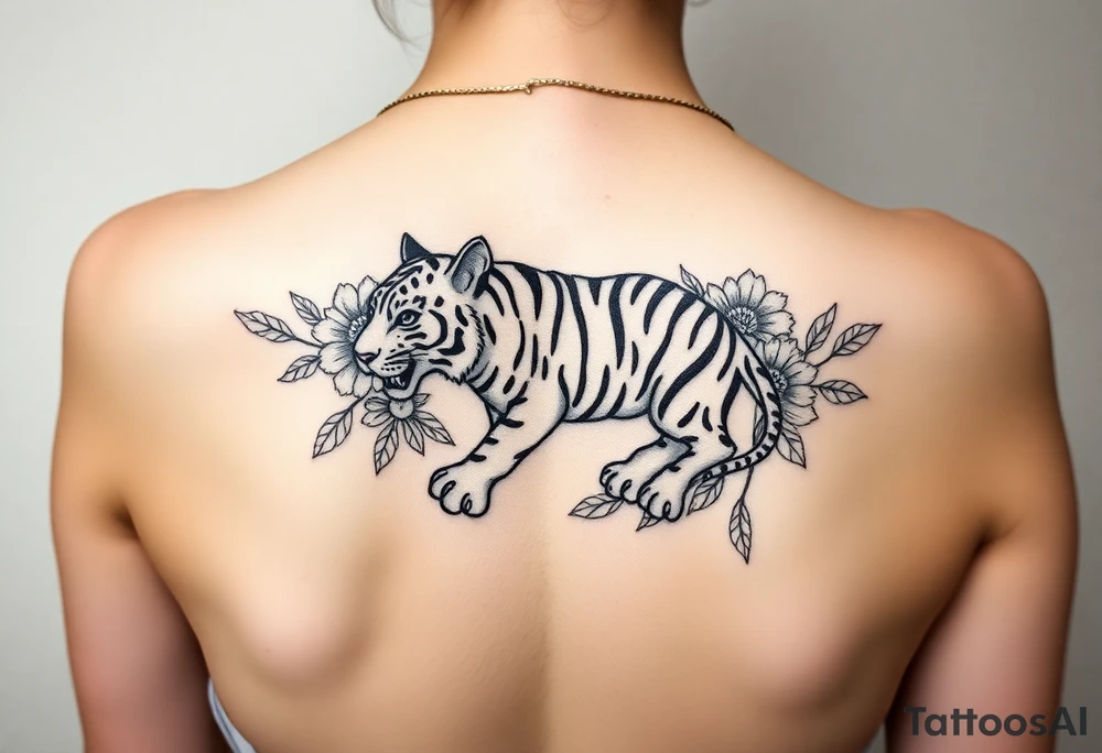 a whole tiger with some flowers around it tattoo idea