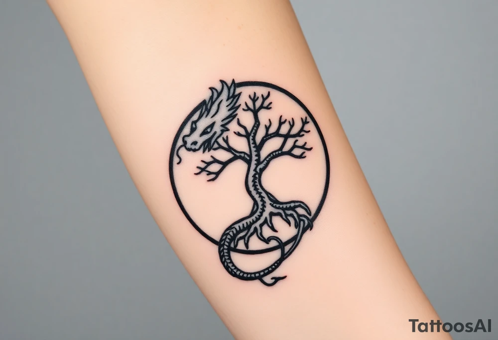 a dragon forming a circle with its body.  the dragon encircles the tree of life.  the dragon is eating the tree. the roots of the tree are strangling the tail of the dragon tattoo idea