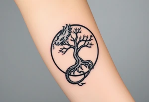 a dragon forming a circle with its body.  the dragon encircles the tree of life.  the dragon is eating the tree. the roots of the tree are strangling the tail of the dragon tattoo idea