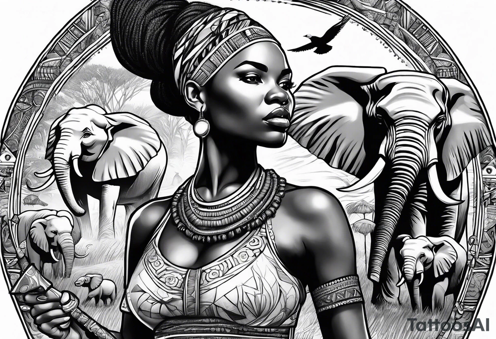African woman warrior holding a spear with birds and elephants in the background tattoo idea
