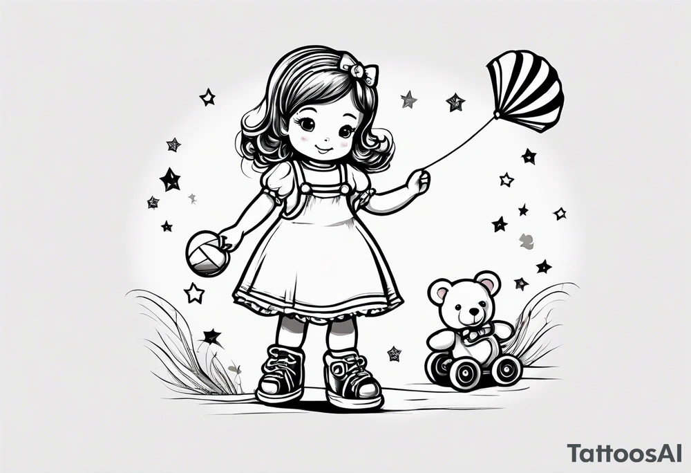 a little girl in a dress standing with a teddy bear in roller skates, flying a kite tattoo idea