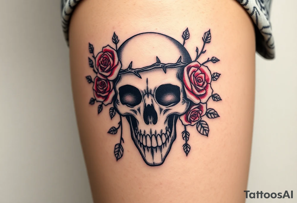 ornate skull adorned with crown of wild roses and thorns tattoo idea