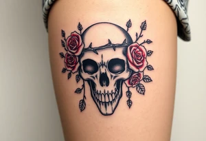 ornate skull adorned with crown of wild roses and thorns tattoo idea