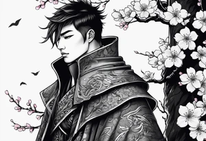 dark cloak alongside cherry blossom dagger tattoo idea