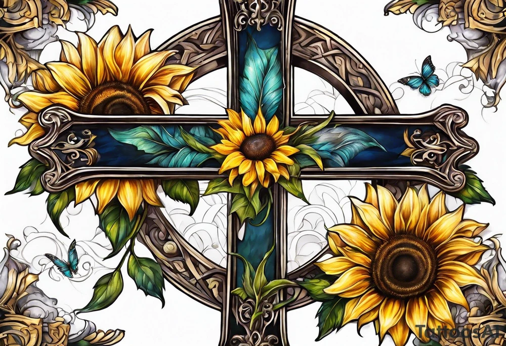 Winged cross with sunflower arm sleeve tattoo idea