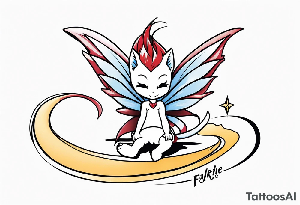 A fairy with a tail inspired by the logo of the show called Fairy Tail in a fetal position leaning in tattoo idea