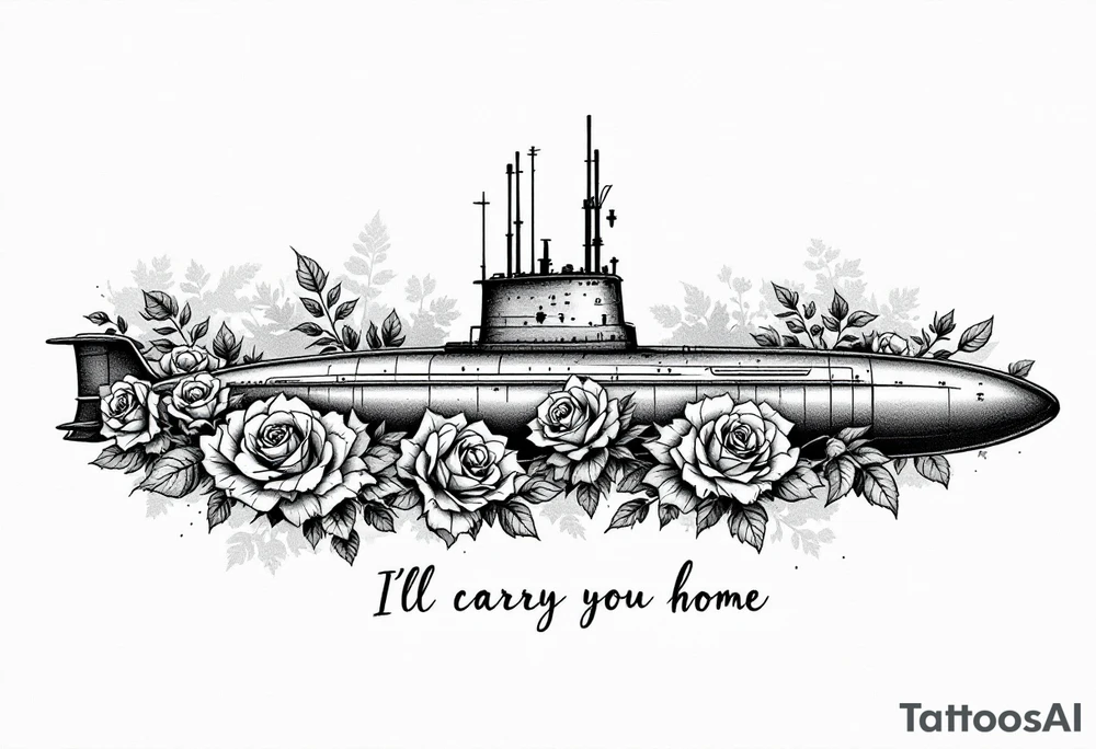 Ohio class submarine surrounded by roses that says “I’ll carry you home” underneath tattoo idea