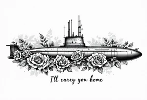 Ohio class submarine surrounded by roses that says “I’ll carry you home” underneath tattoo idea