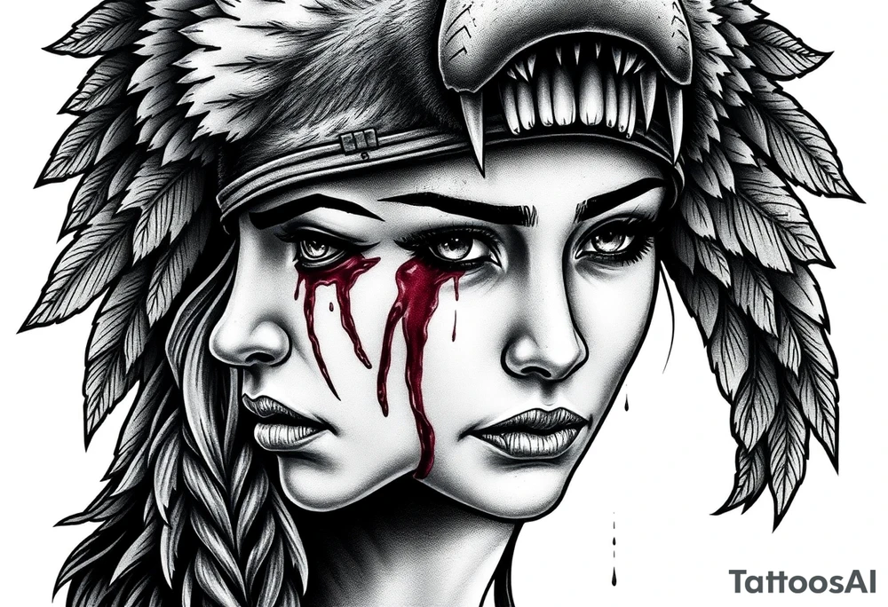 Beautiful Womans shedding a tear, with battle scars and blood on face, wearing a mean looking bear headdress on head tattoo idea