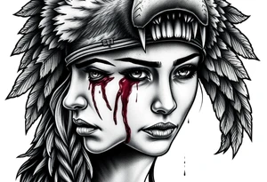 Beautiful Womans shedding a tear, with battle scars and blood on face, wearing a mean looking bear headdress on head tattoo idea