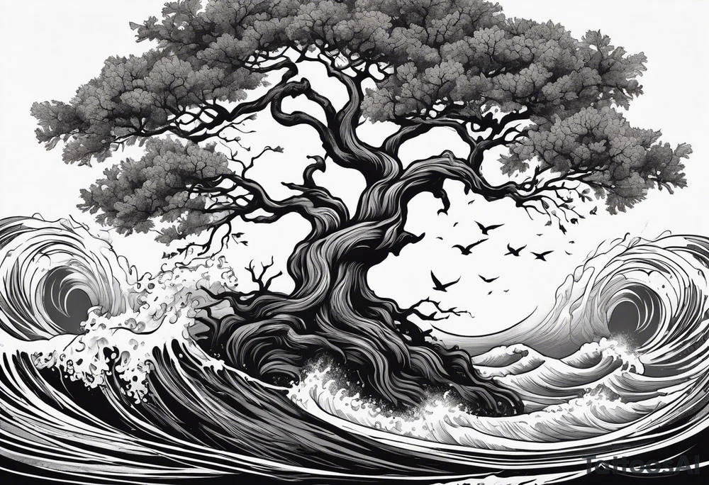 tall oak tree with roots growing around calming waves and a phoenix for forearm tattoo idea