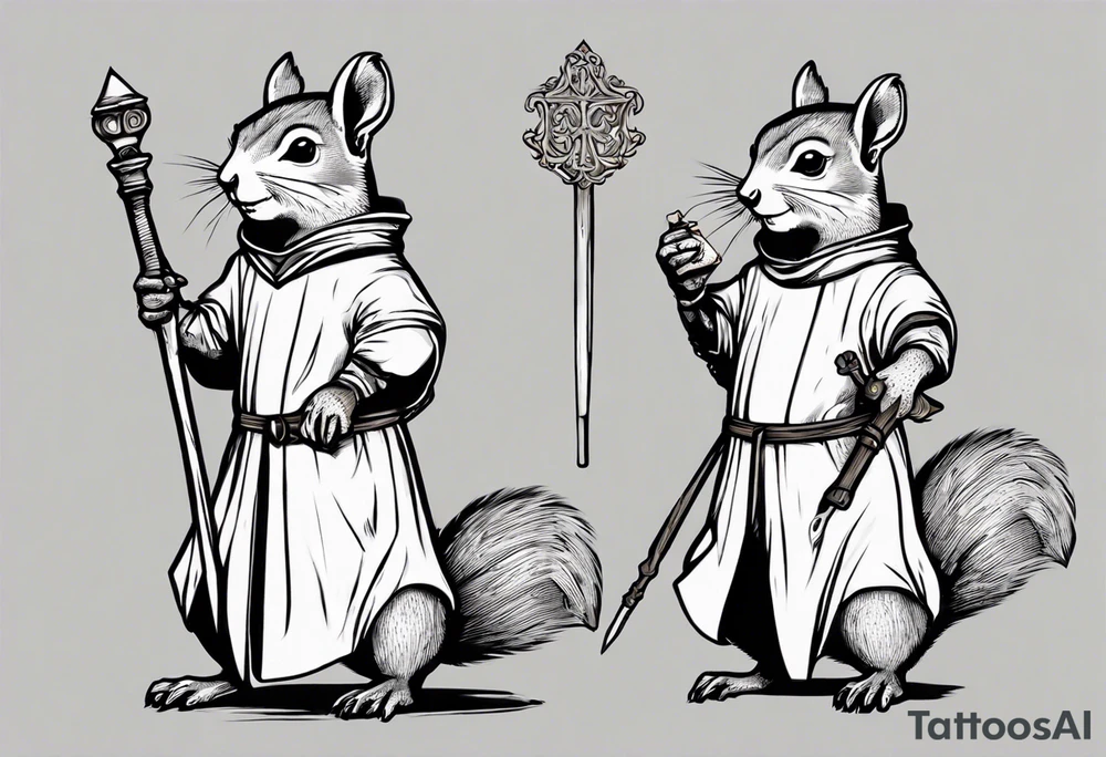 a grey squirrel dressed in a medieval tunic holding a silver staff tattoo idea
