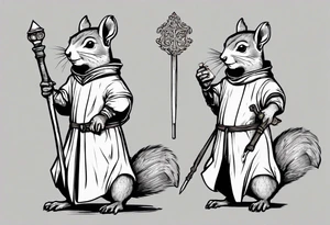 a grey squirrel dressed in a medieval tunic holding a silver staff tattoo idea