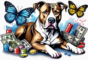 american staffordshire with a butterfly, with pills, drugs, euro bank notes and currency, bank cheques, police, walkietalkies tattoo idea