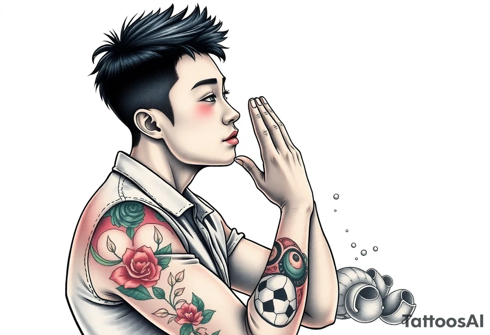 Handsome Asian young guy is standing on his knees apologising tattoo idea