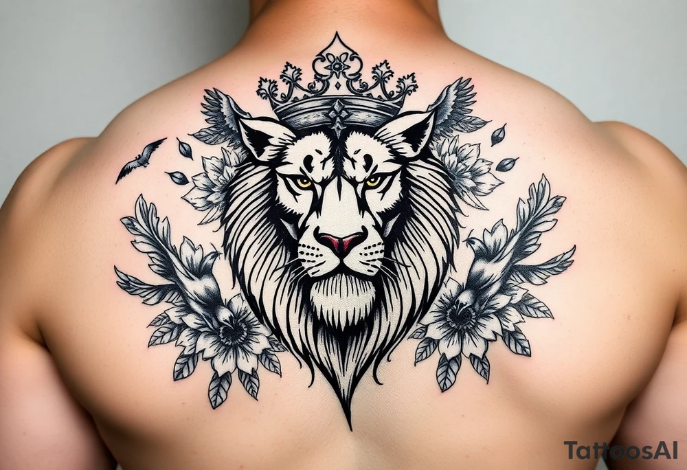 powerful majestic lion with a crown, surrounded by floral ornaments and birds tattoo idea