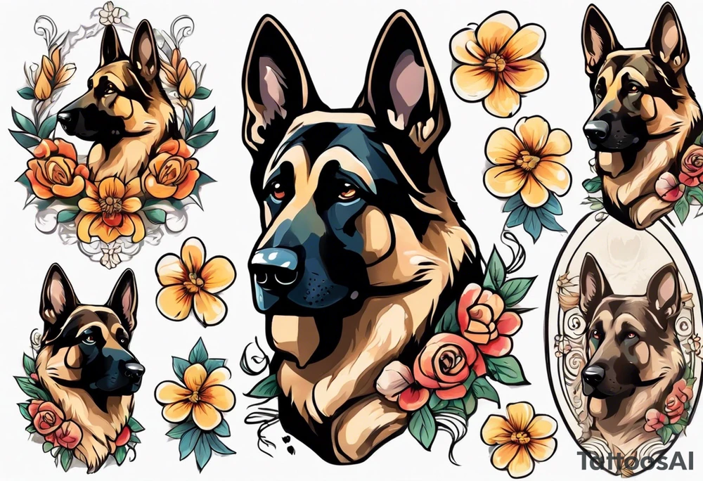 German shepherd with black face and brown around eyes portrait brightly colored with flowers tattoo idea