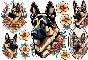German shepherd with black face and brown around eyes portrait brightly colored with flowers tattoo idea