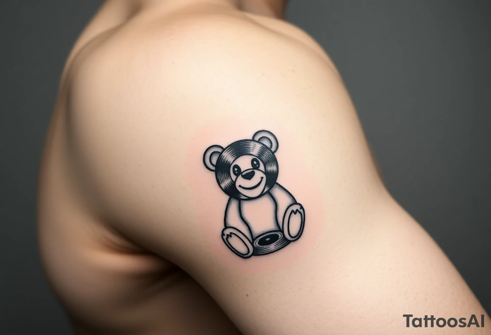 minimalist teddy bear with vinyl records as eyes smiling and sitting on a record yer tattoo idea