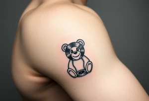 minimalist teddy bear with vinyl records as eyes smiling and sitting on a record yer tattoo idea