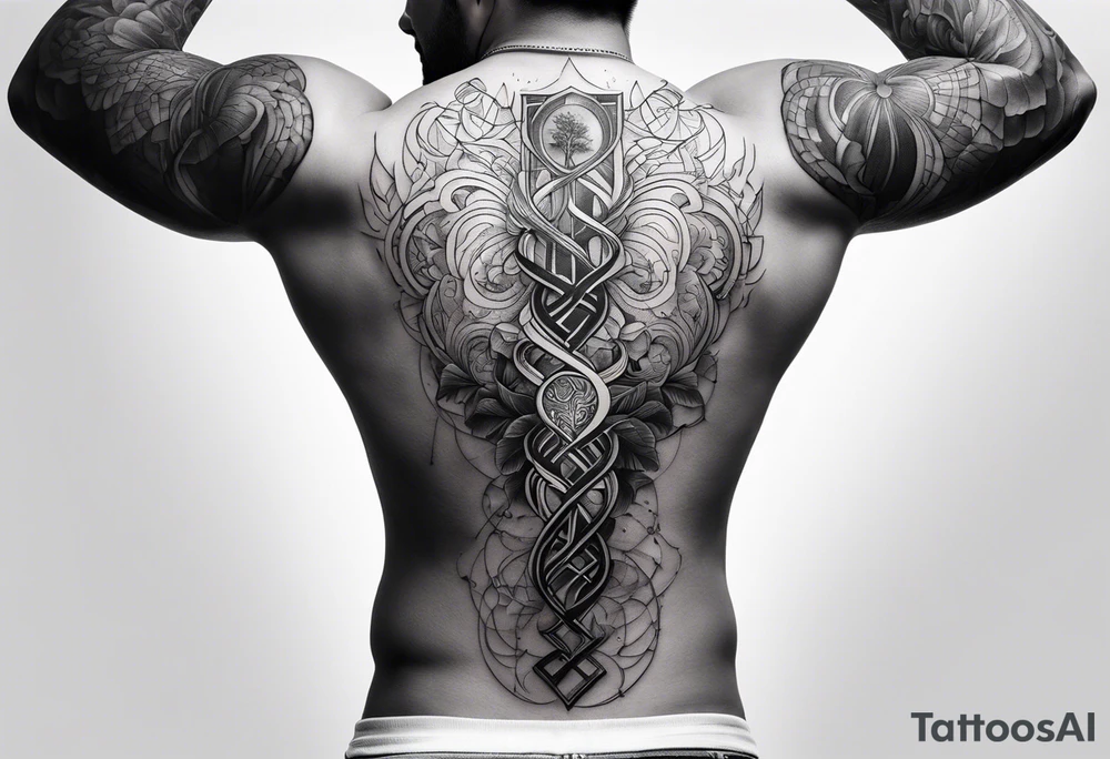 A fineline tattoo for man’s back with a falling down human body and Signs of brain, heart, dna tattoo idea