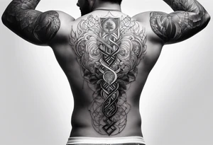 A fineline tattoo for man’s back with a falling down human body and Signs of brain, heart, dna tattoo idea