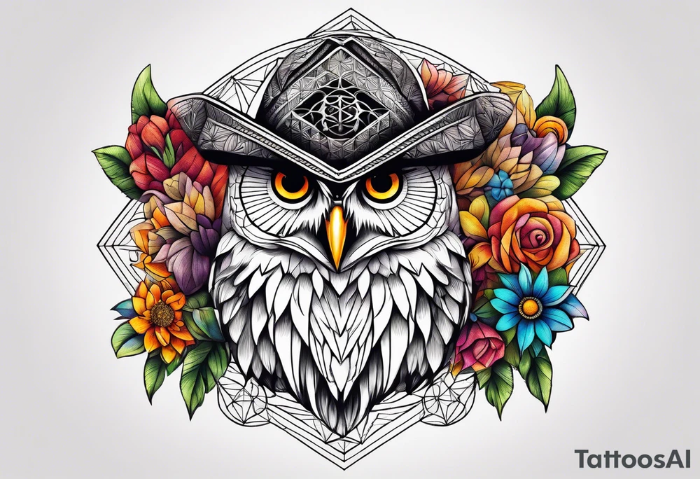 Owl rainbow pirate hat geometric flower of life flowers tattoo idea