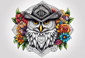 Owl rainbow pirate hat geometric flower of life flowers tattoo idea