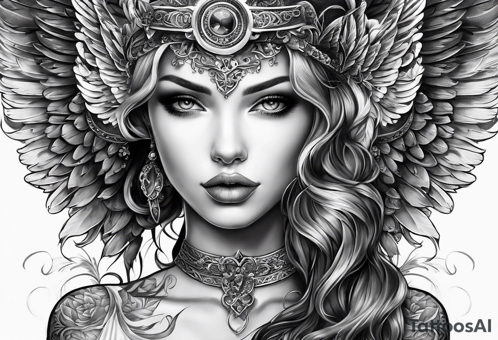 Tattooed portrait Angel with The name « Leah » is written in gothic letters. tattoo idea