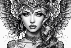 Tattooed portrait Angel with The name « Leah » is written in gothic letters. tattoo idea
